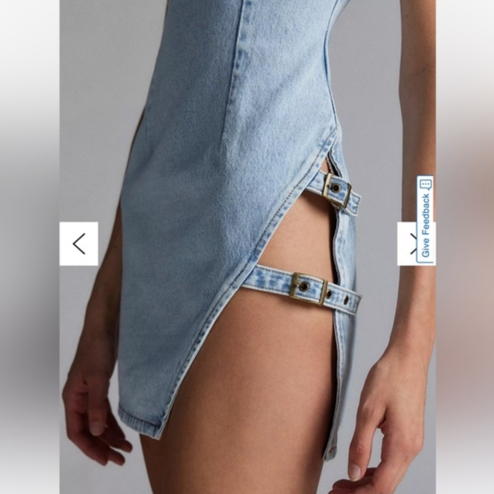 Lioness Sculpted Denim Mini Dress Light Denim Distressed Buckle Edgy Size XL - Picture 2 of 14